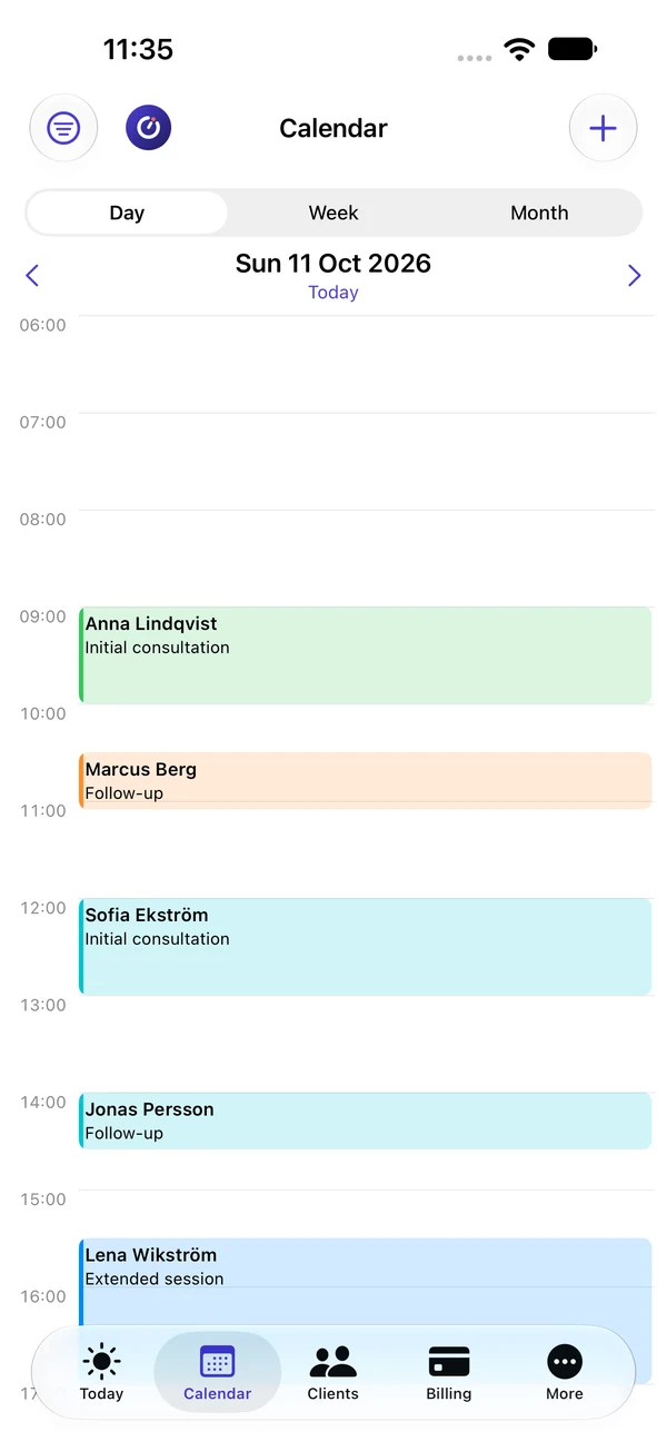 Calendar day view with colour-coded appointments