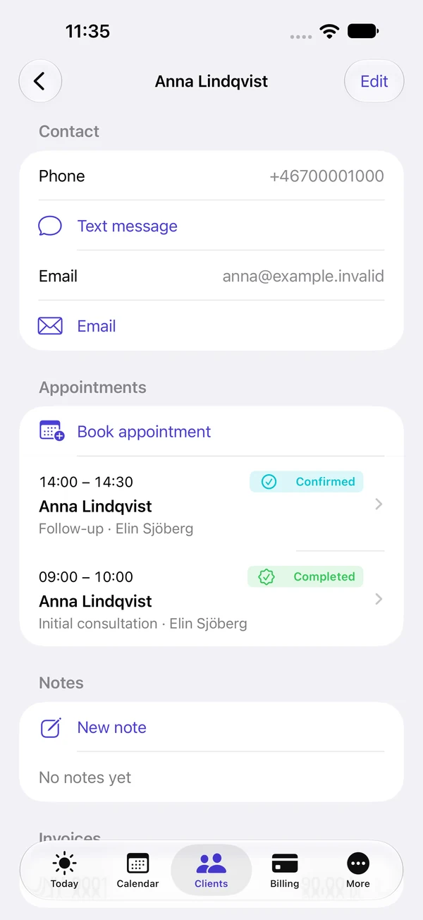 A client page with contact options, appointments and notes