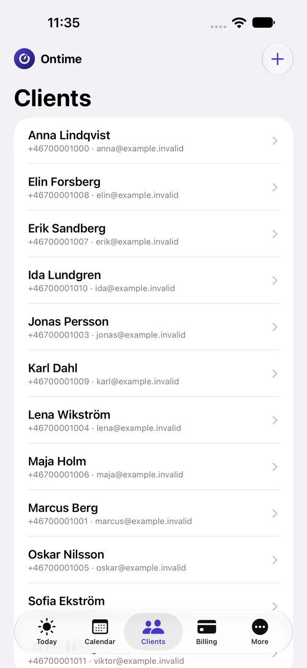 List of clients with phone and email