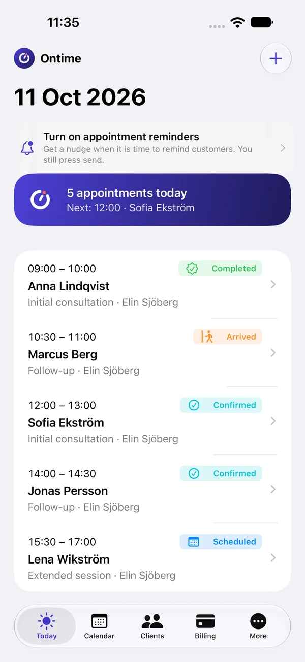 Ontime's Today screen on iPhone showing five appointments with their status